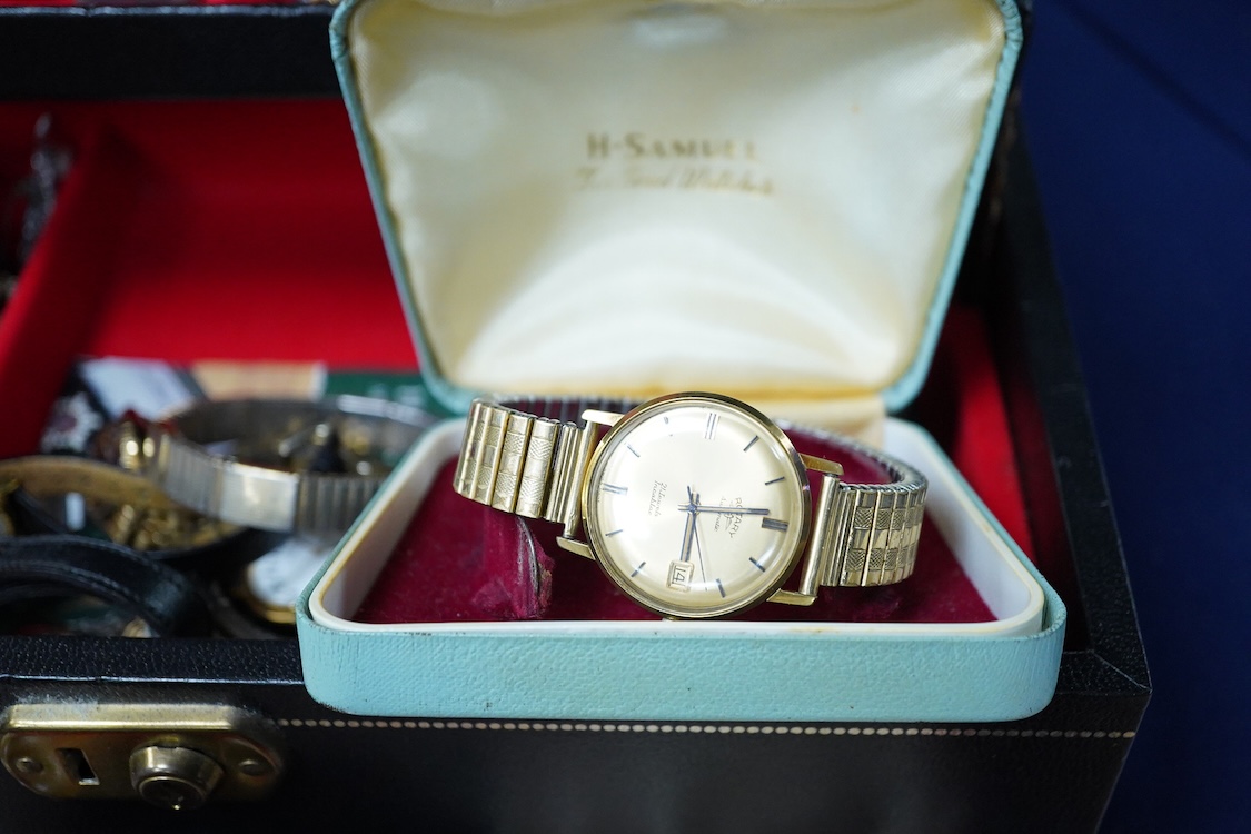 A jewellery box and contents to include a 935 white metal and paste set swallow brooch, silver locket on chain, white metal and costume jewellery, agate necklace and wrist watches including Seiko, Lanco, Lorus and Rotary